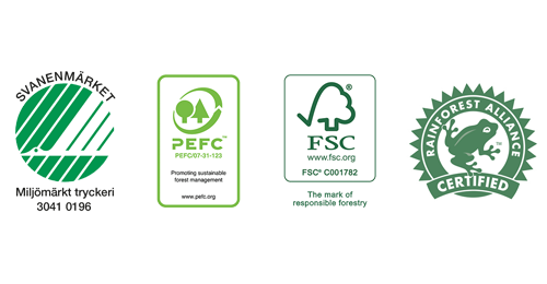Logotype Svanen, PEFC, FSC, Rainforest Alliance
